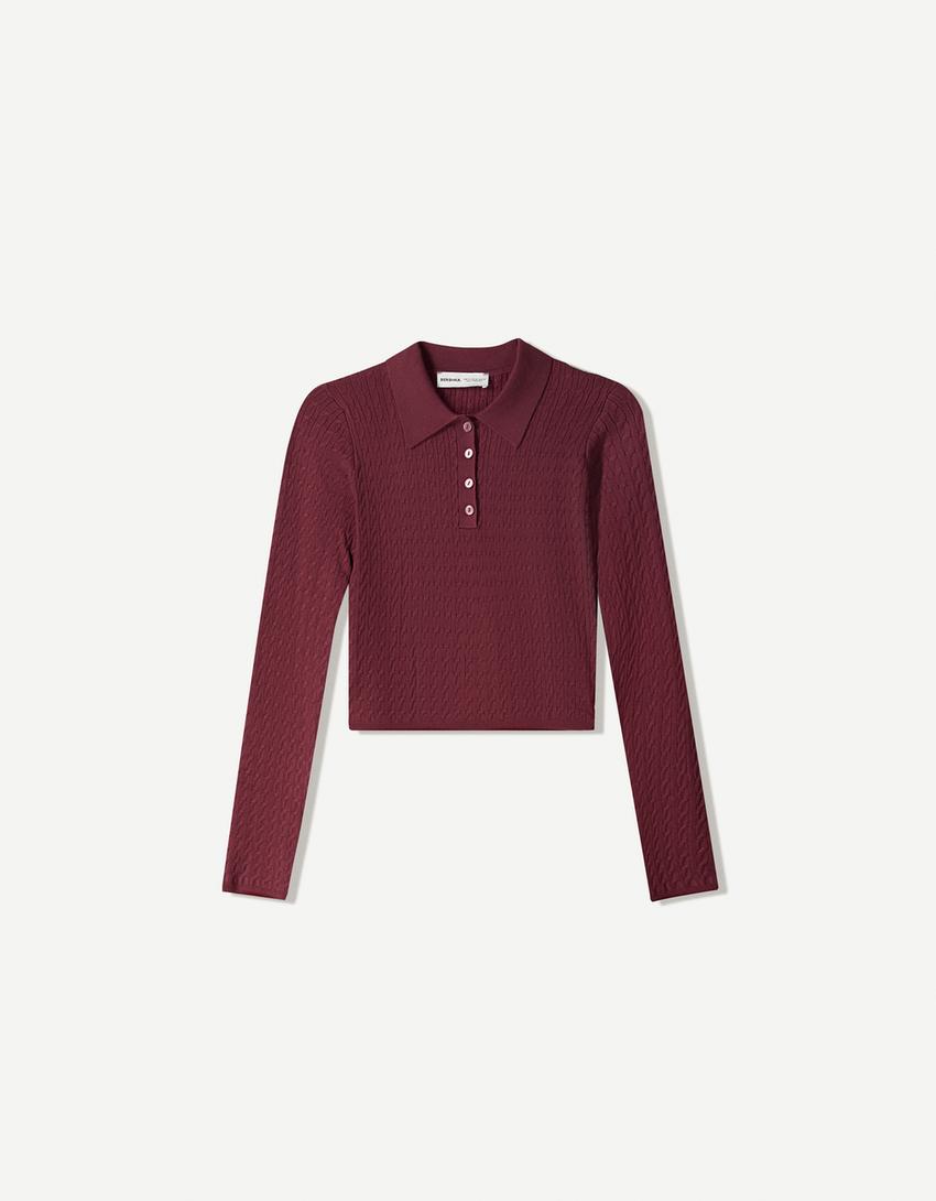 Kabelstickad tröja med tenniskrage-Rödbrun