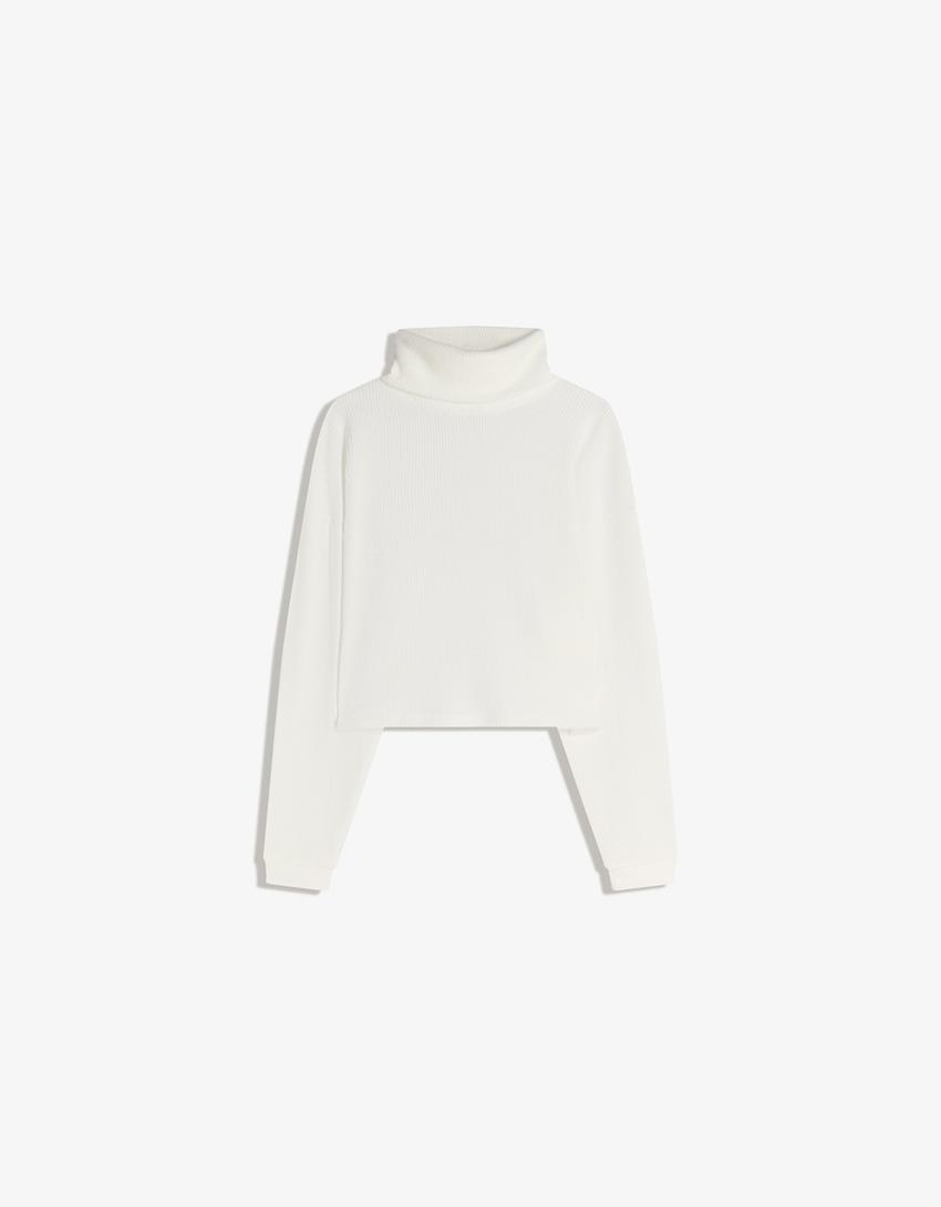 High neck ribbed sweater-Cream