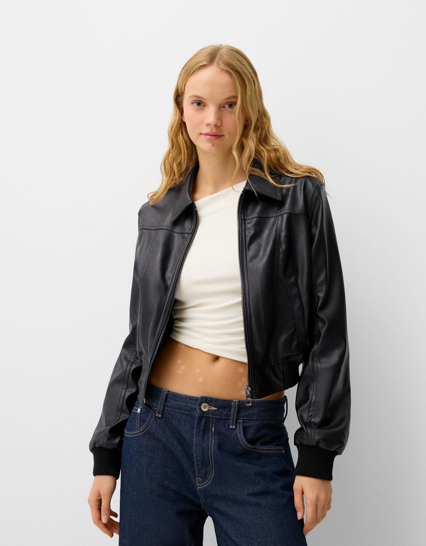 Bershka Kunstlederjacke Mit Rippenbündchen Damen Xs Schwarz günstig online kaufen