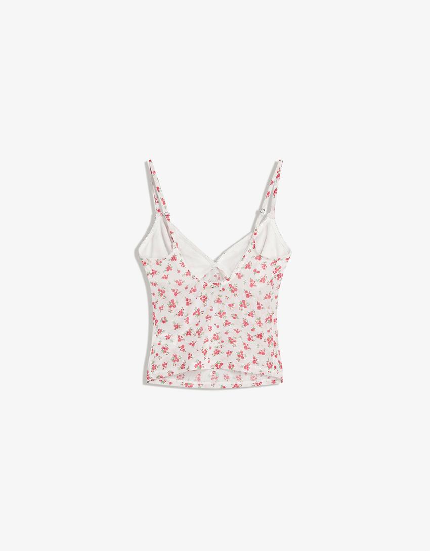 Printed mesh strappy top-Cream