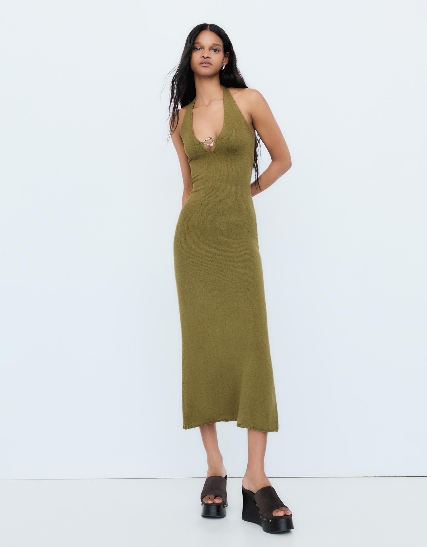 Bershka Vestito Midi Halter Donna S Kaki