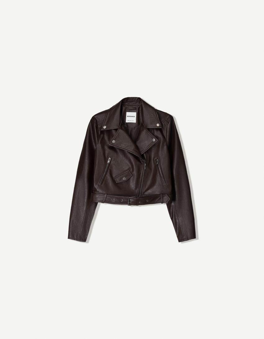 Cazadora biker efecto piel Cazadoras y trench Mujer Bershka