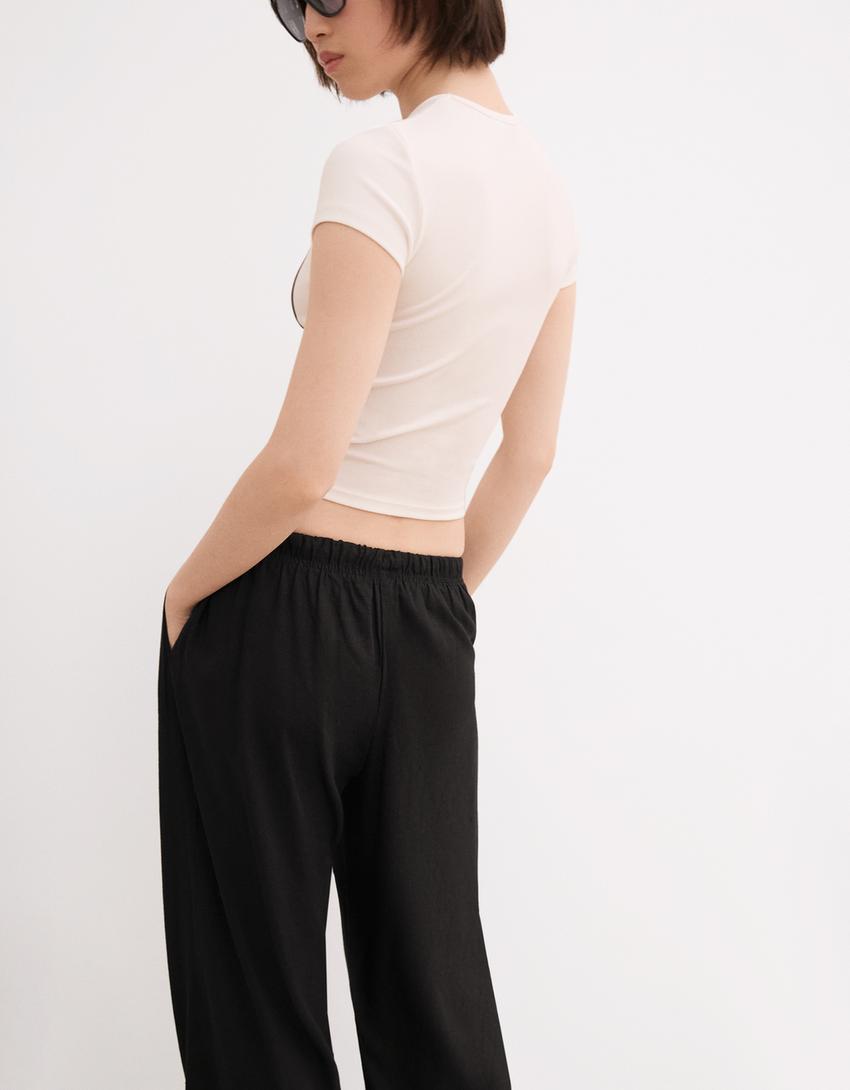 Linen blend trousers with an elasticated waistband-Black