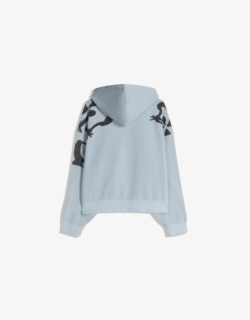 Sudadera cremallera capucha print-Azul lavado