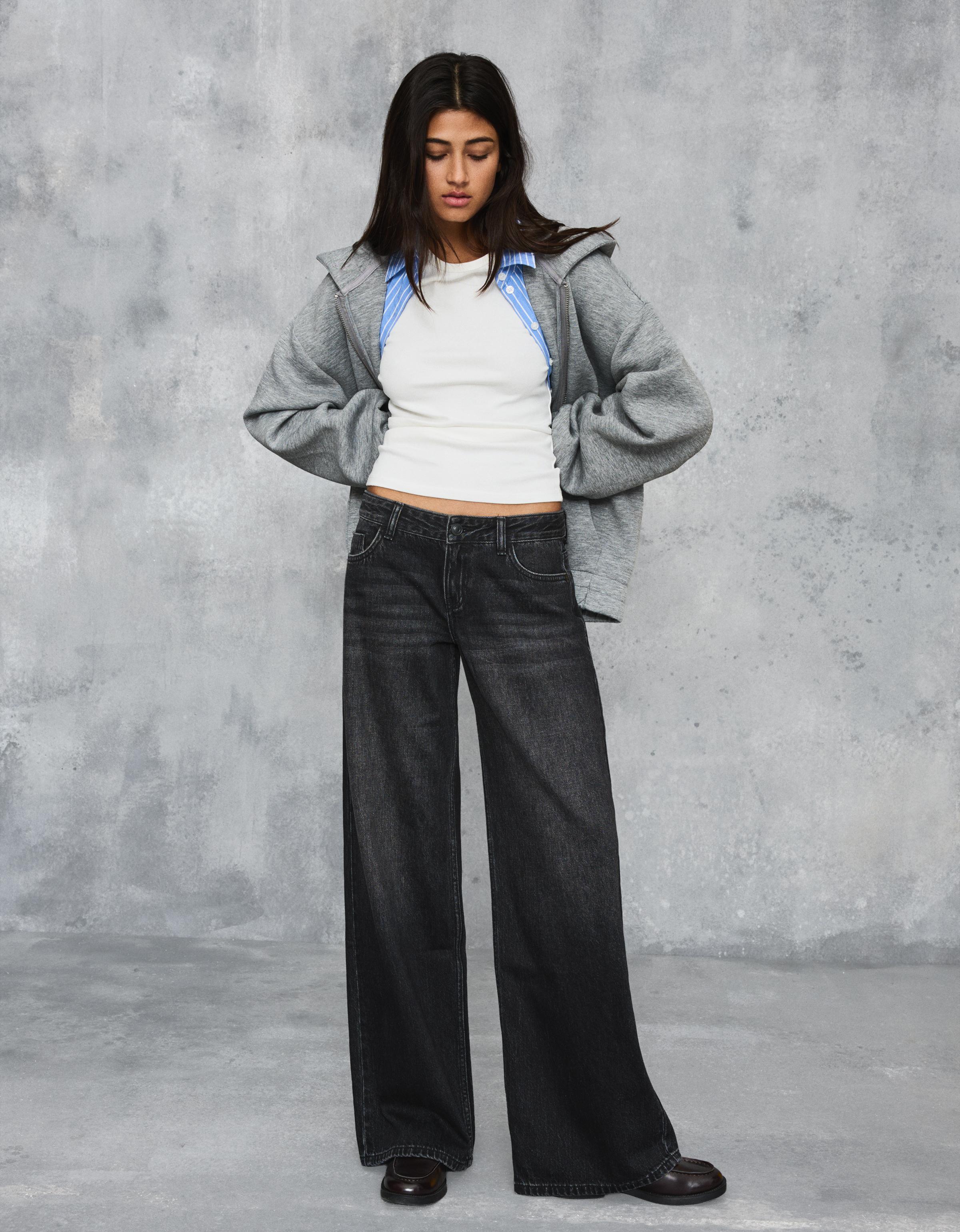 Bershka Jeans Mit Weitem Bein Und Tiefem Bund Damen 44 Schwarz