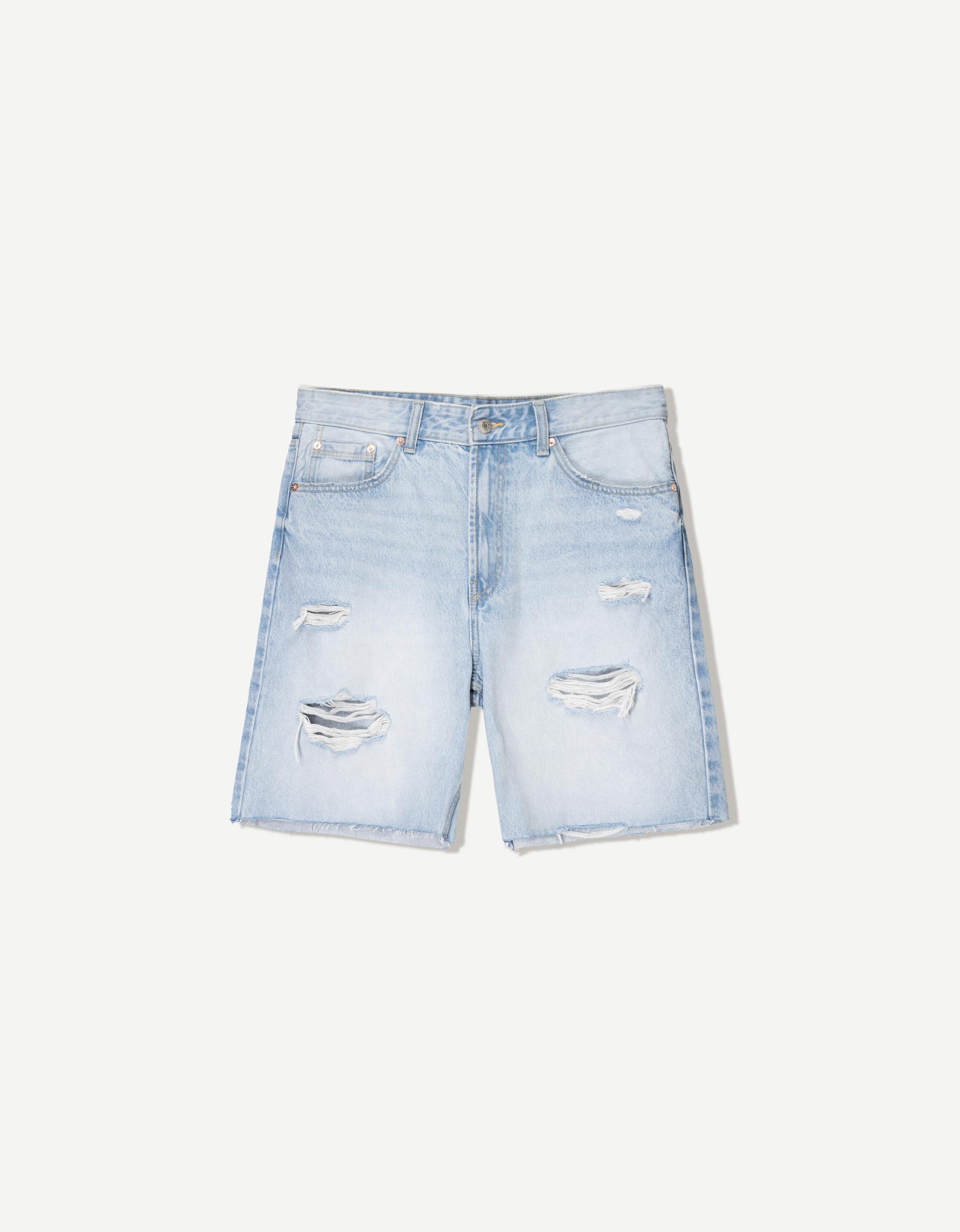 Bershka Jeans-Bermudashorts Mit Rissen Herren 42 Hellblau