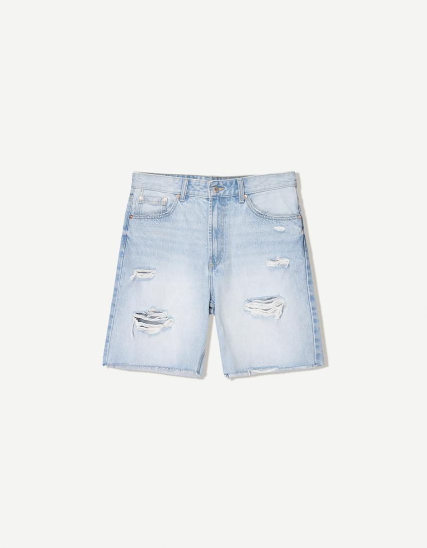 Ripped denim Bermuda shorts-Light blue