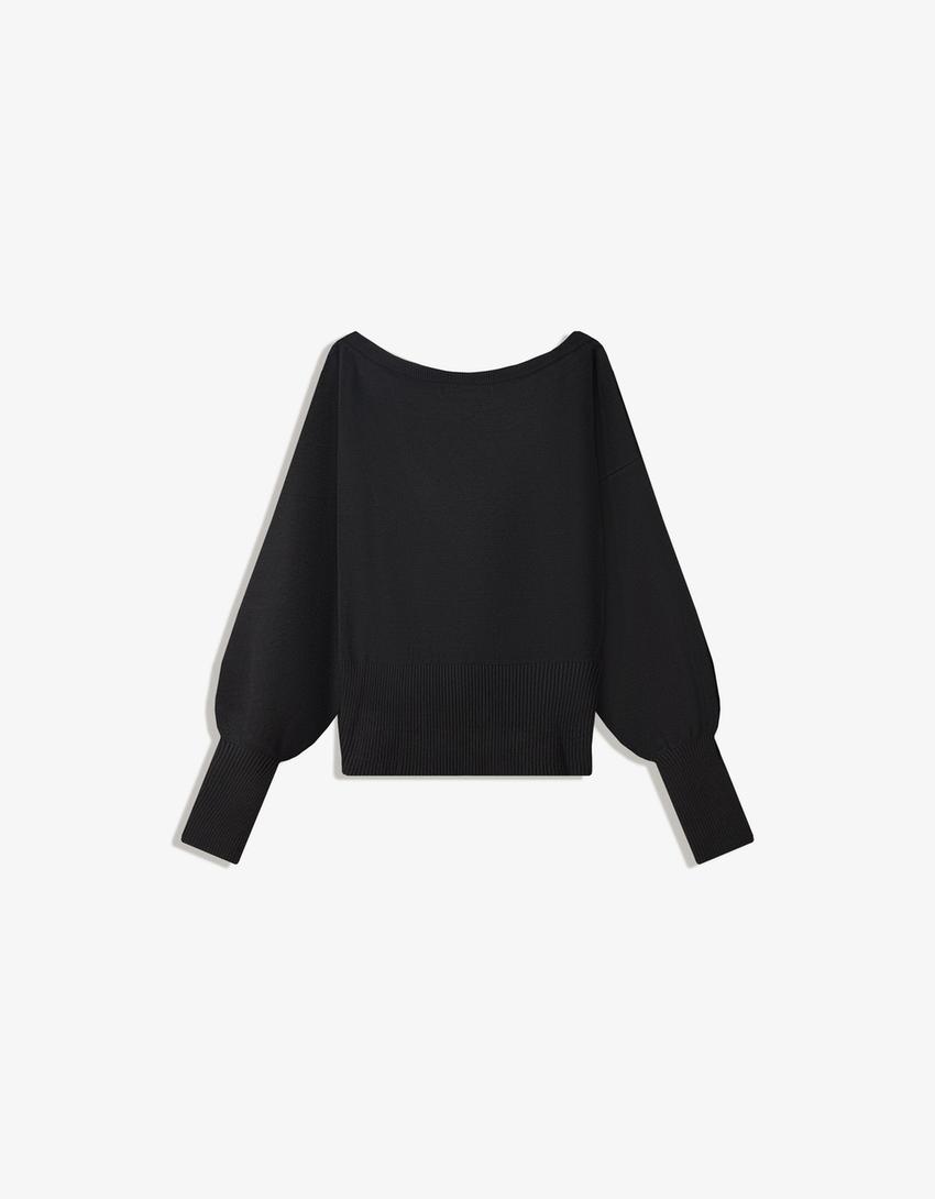 Asymmetric sweater with ribbed hem-Black