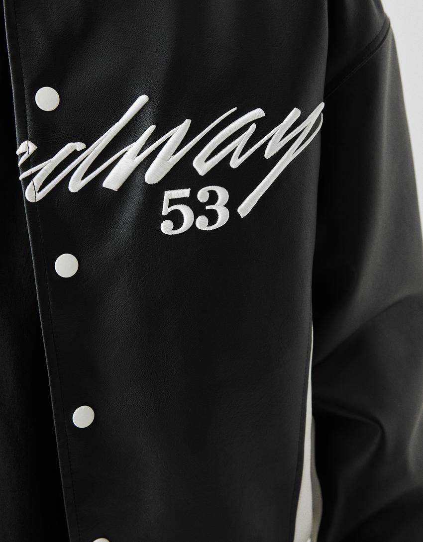 جاكيت بيسبول جلد صناعي مطرز-أسود-6