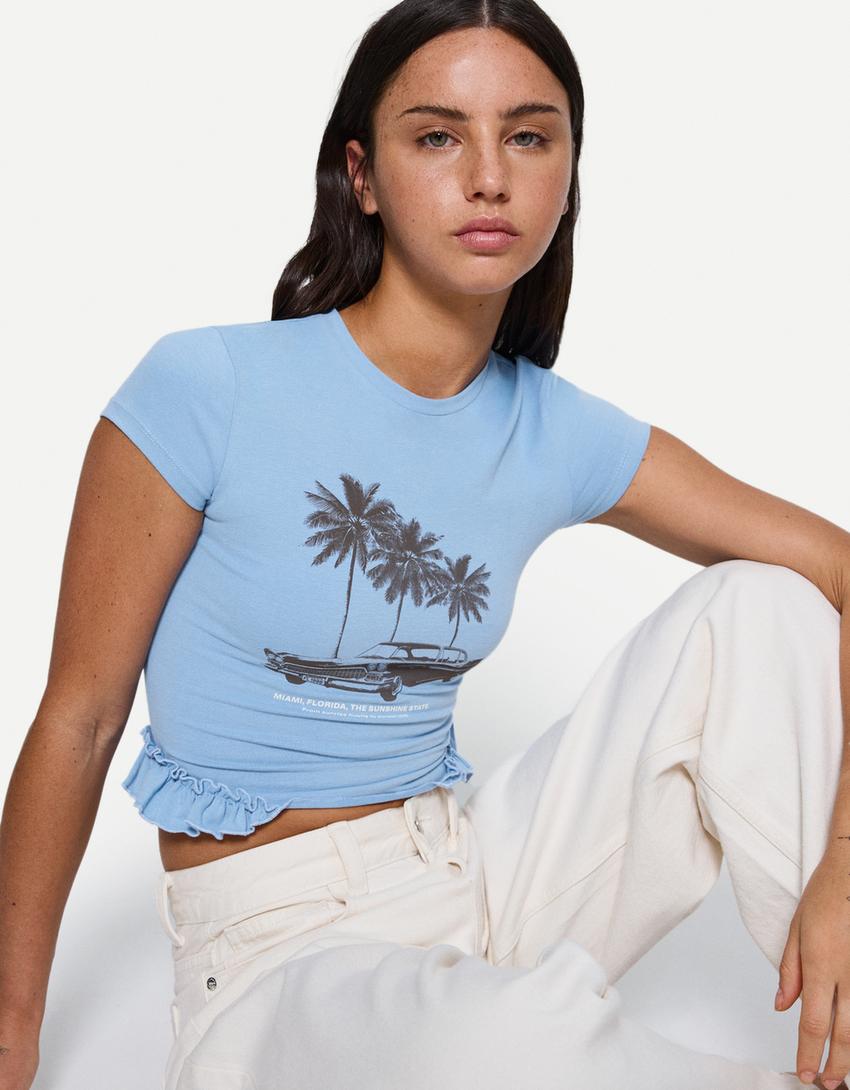 Printed short sleeve T-shirt with ruffles-Blue