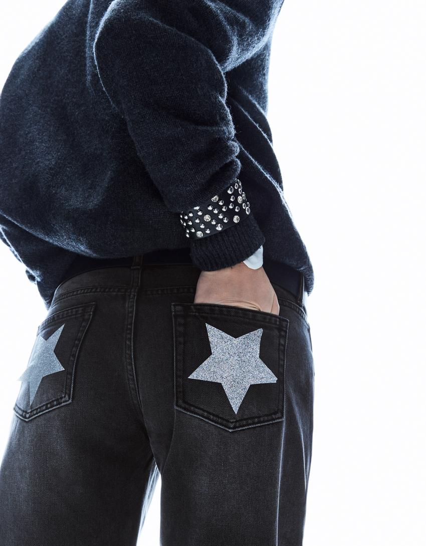 Yıldız cepli, zımbalı baggy fit jean-Siyah