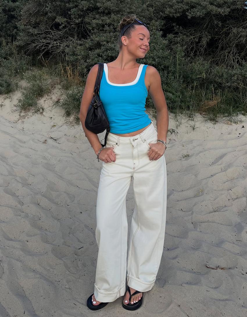 Sırt tokalı distressed balloon fit jean-Krem