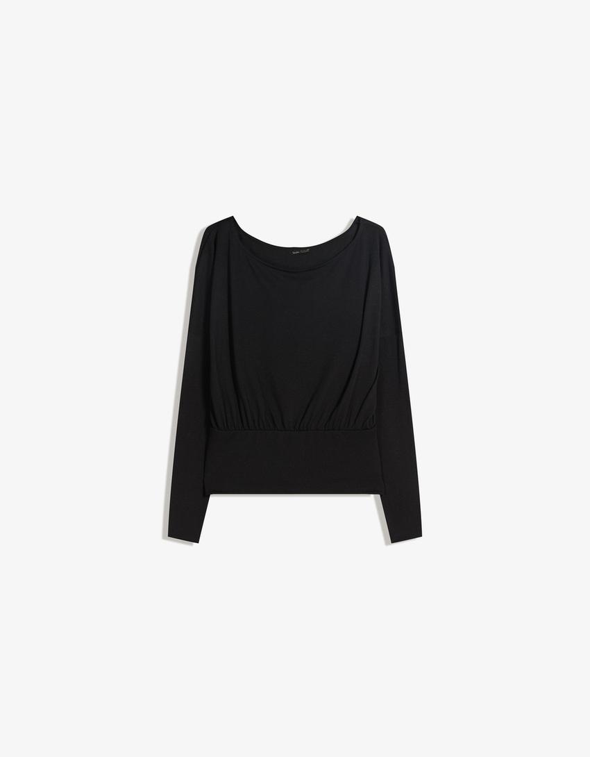 Striped long sleeve T-shirt with sash-Black