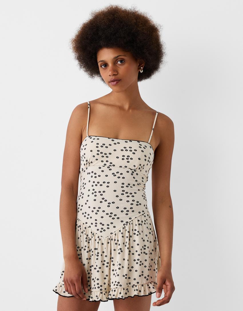 Printed strappy mini dress-Black-1