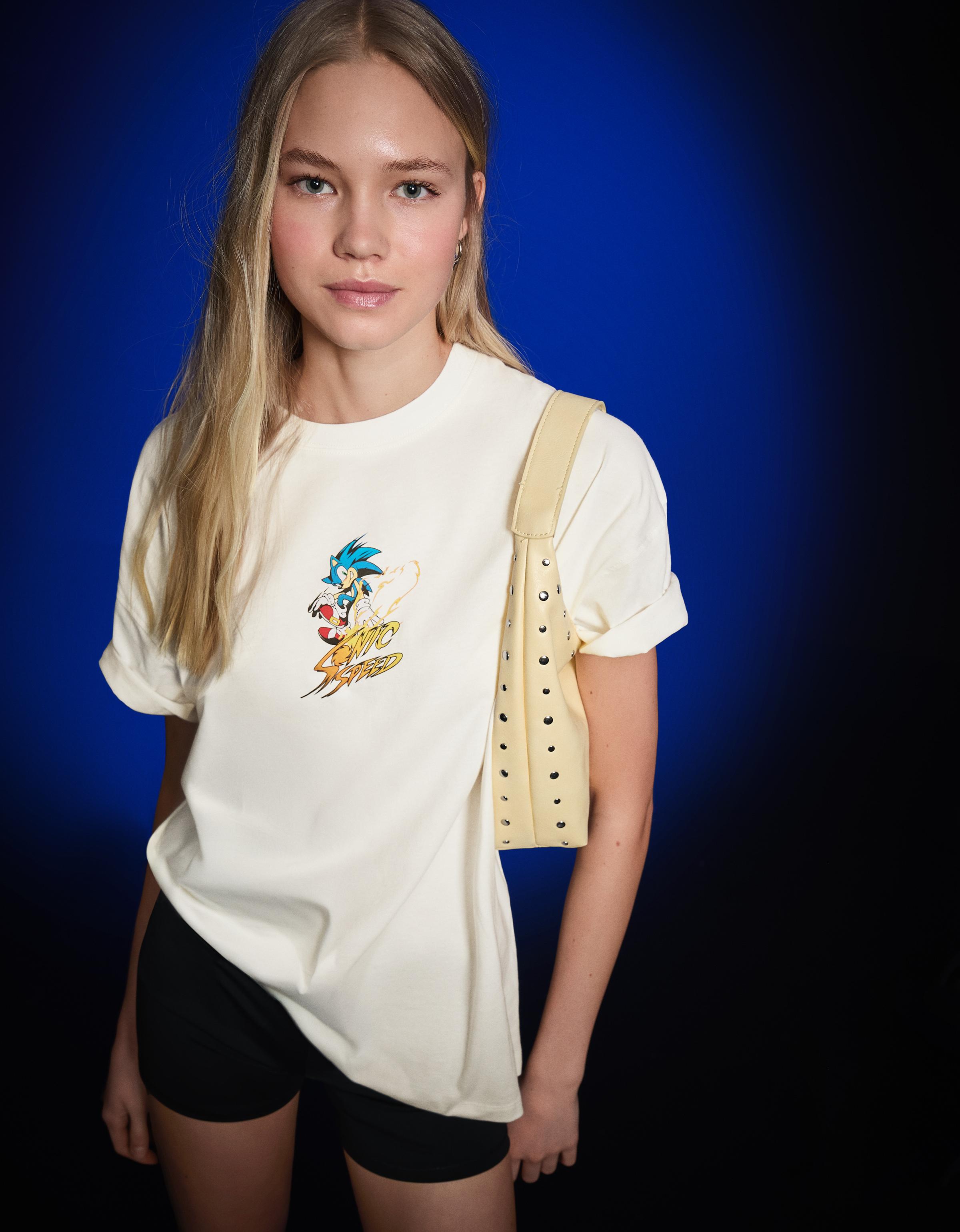 Bershka Camiseta Manga Corta Oversize Sonic Mujer L Blanco Roto