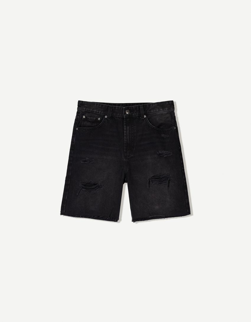 Ripped denim Bermuda shorts-Black