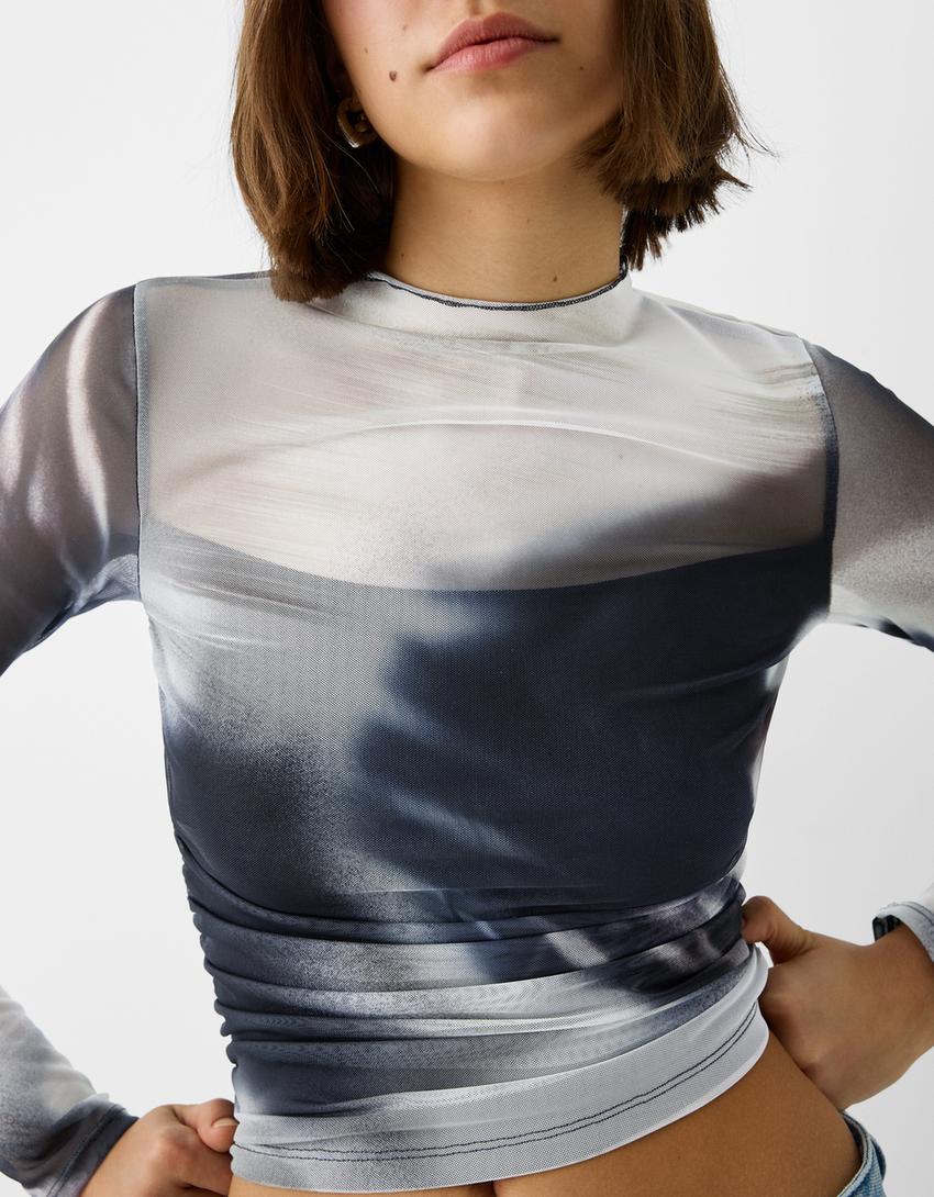 تيشرت تول بزمة وأكمام طويلة-رمادي-5