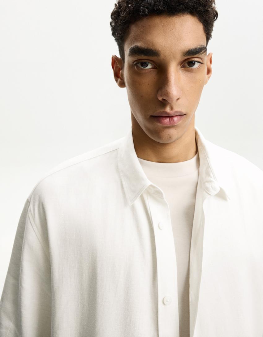 Short sleeve linen blend shirt-White-2