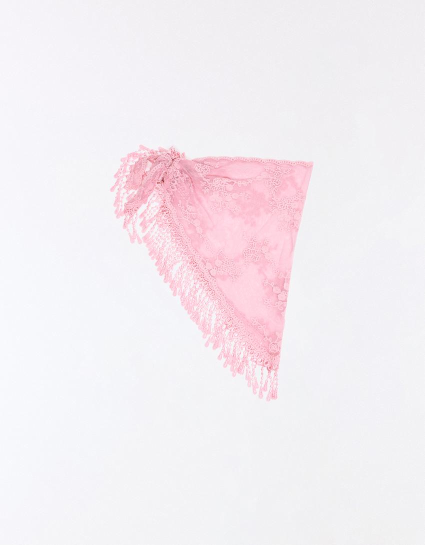Dantelli ve püsküllü üçgen bandana-Pembe
