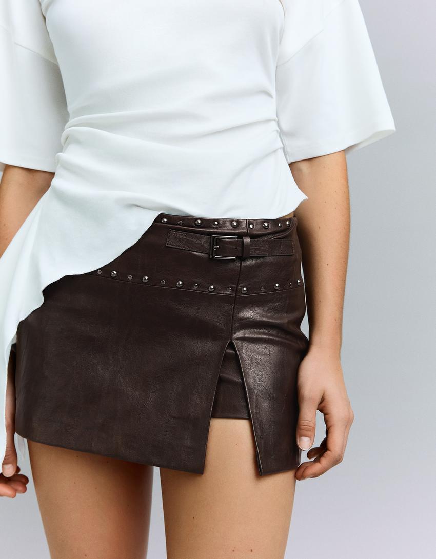 Mini leather effect skirt-Brown