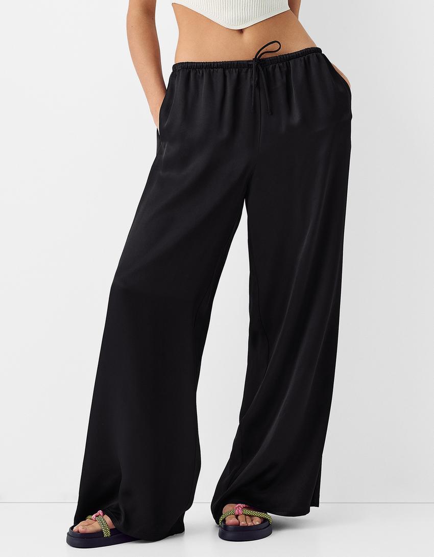 Wide-leg sateen pants-Black-1