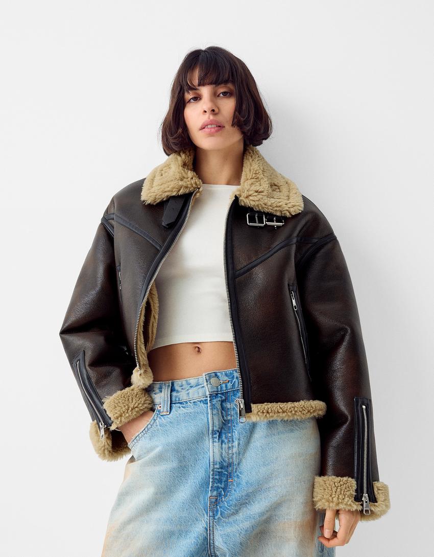 Distressed double-faced faux leather trucker jacket-Brown