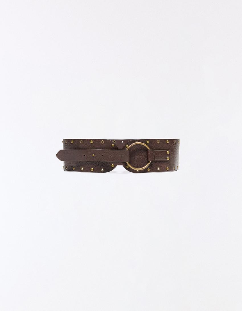 Studded buckle belt-Brown