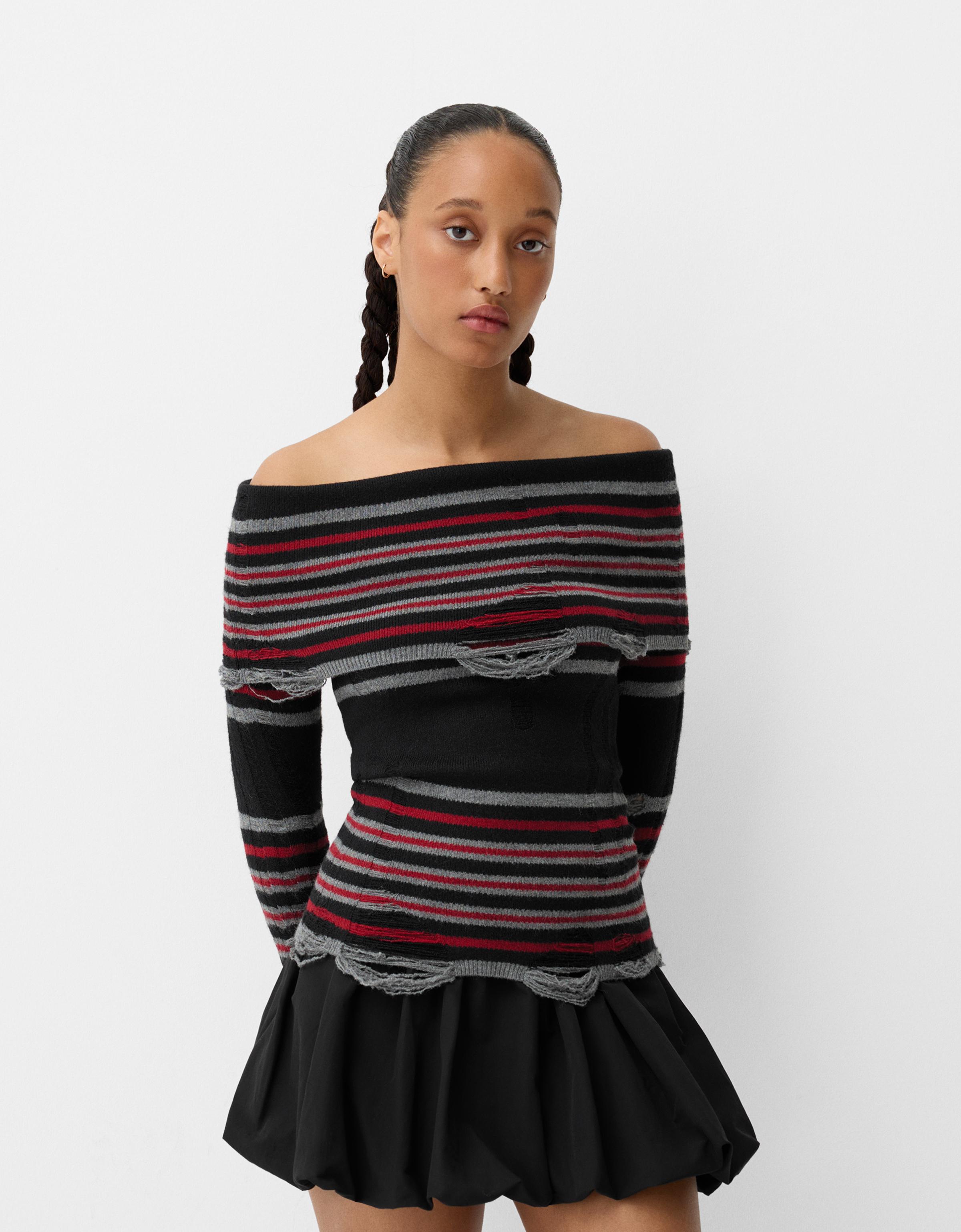 Bershka Pullover Beershka X Beetlejuice Mit Carmen-Ausschnitt Und Rissen Damen Xs-S Schwarz