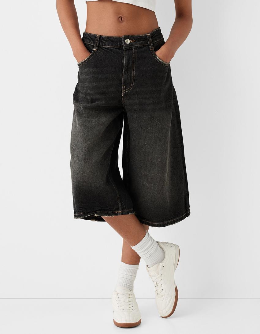 Baggy denim Bermuda shorts-Black-1