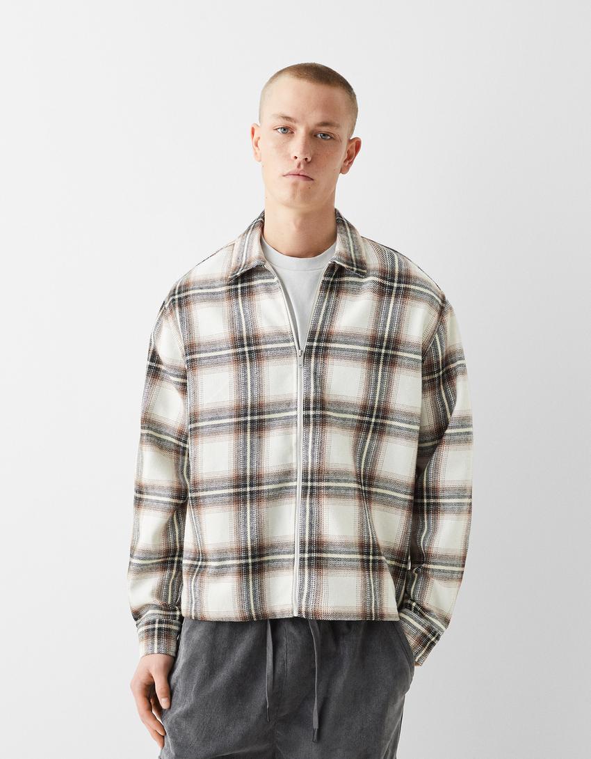 Long sleeve zip-up check overshirt-Burgundy-0