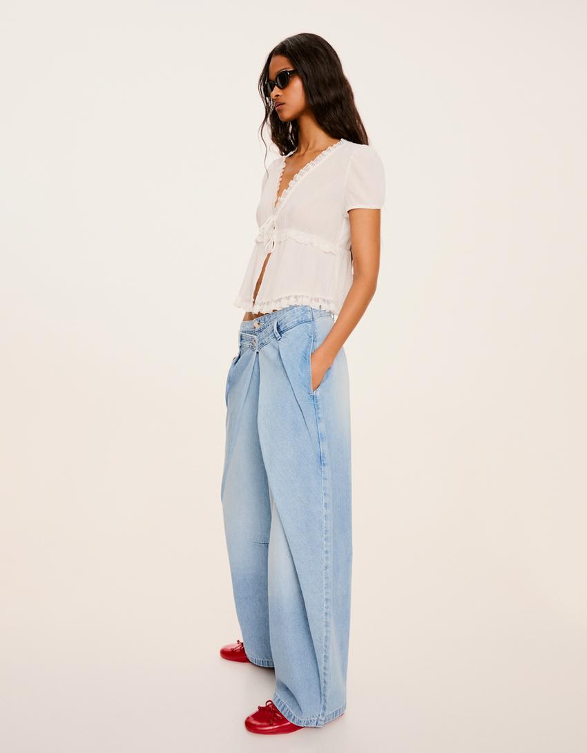Jeans balão twisted de cintura baixa-Azul lavado