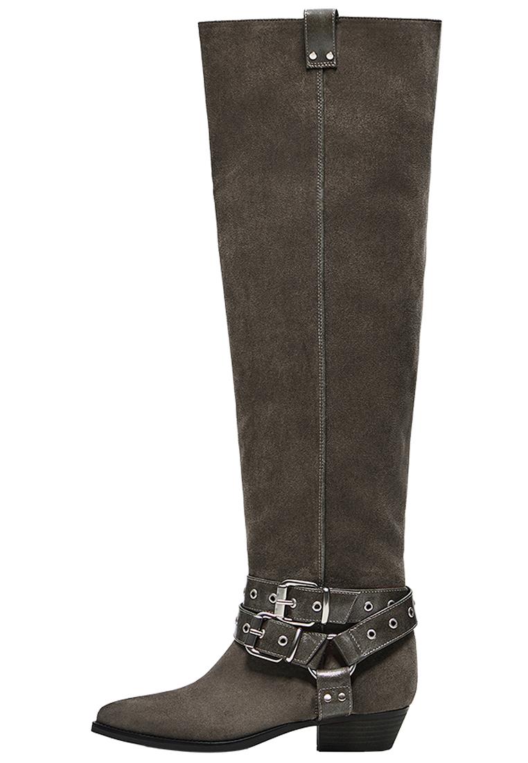 FLAT SLOUCHY BIKER BOOTS — Grey