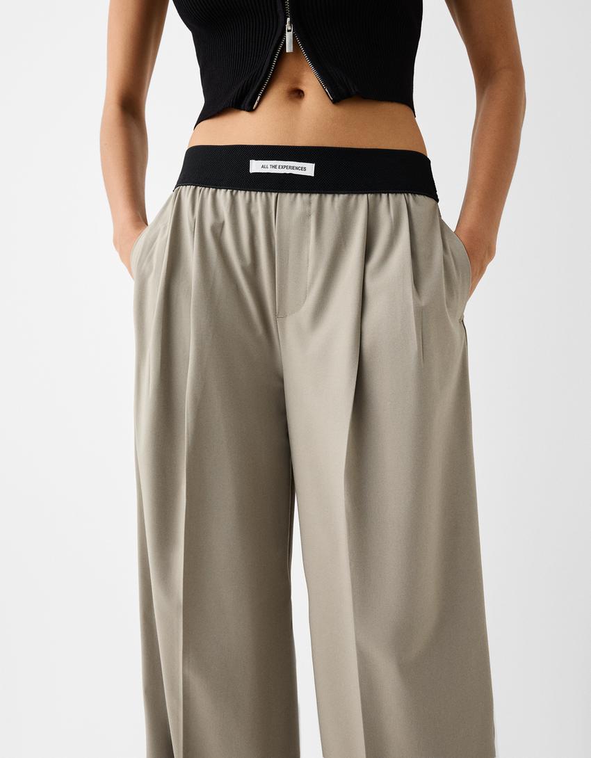 Calças wide leg tailored fit cintura borracha-Caqui-3