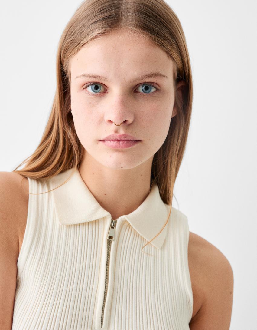 Sleeveless polo collar zip-up top-Cream-2
