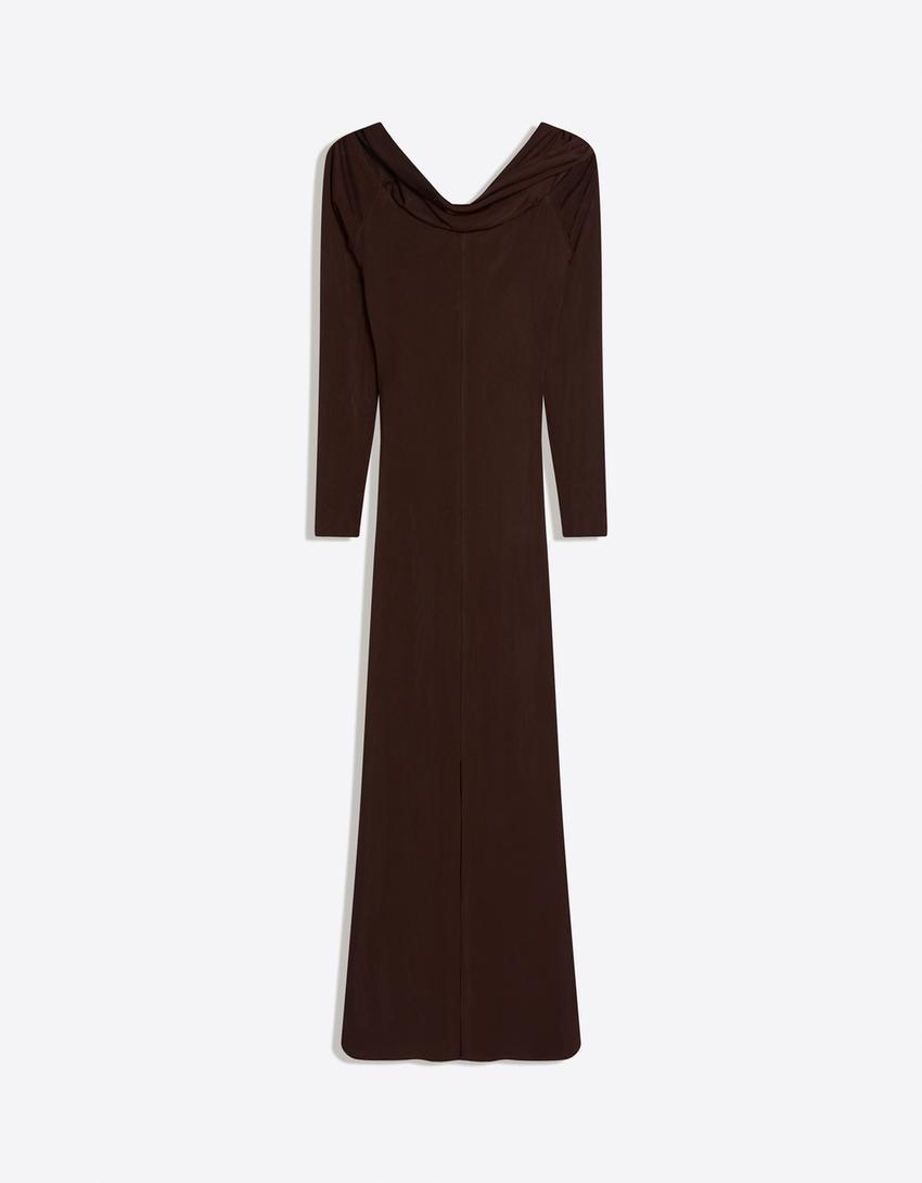 bershka maxi dress with rustic long sleeves Bershka Long Sleeve Square Neck Bodycon Midaxi Dress in Red