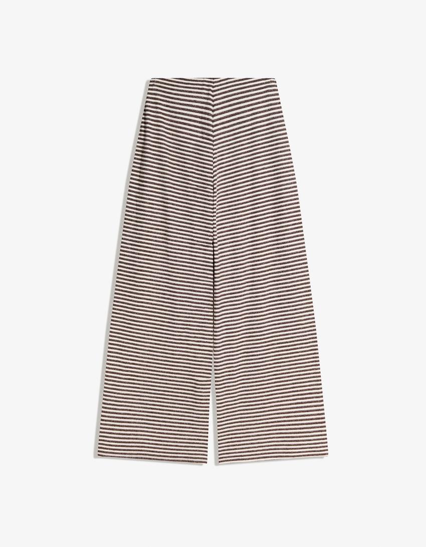 Pantalon wide leg en maille à rayures-Marron