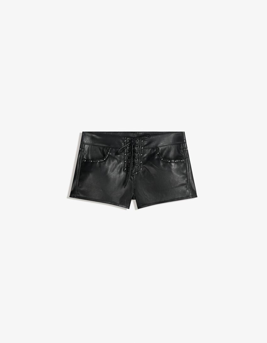 Leather effect lace-up shorts with studs-Black