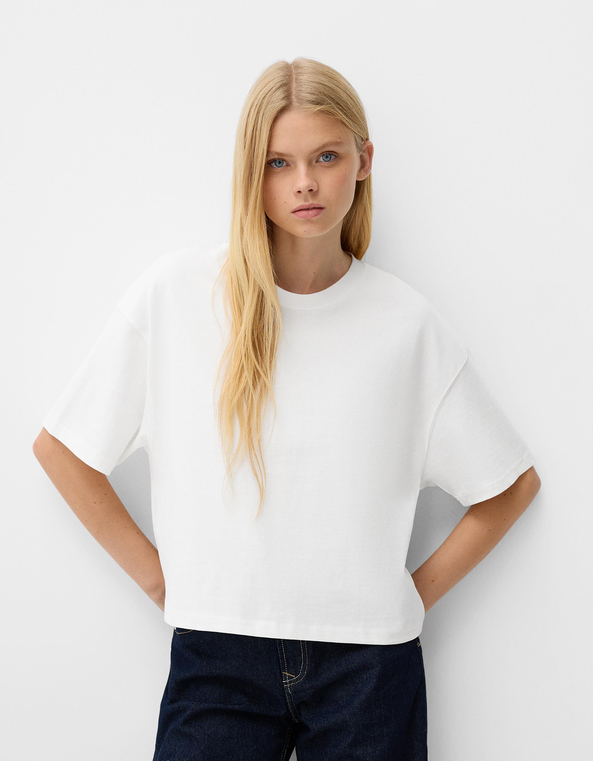 Bershka T-Shirt Im Boxy Fit Damen L Grbrochenes Weiss