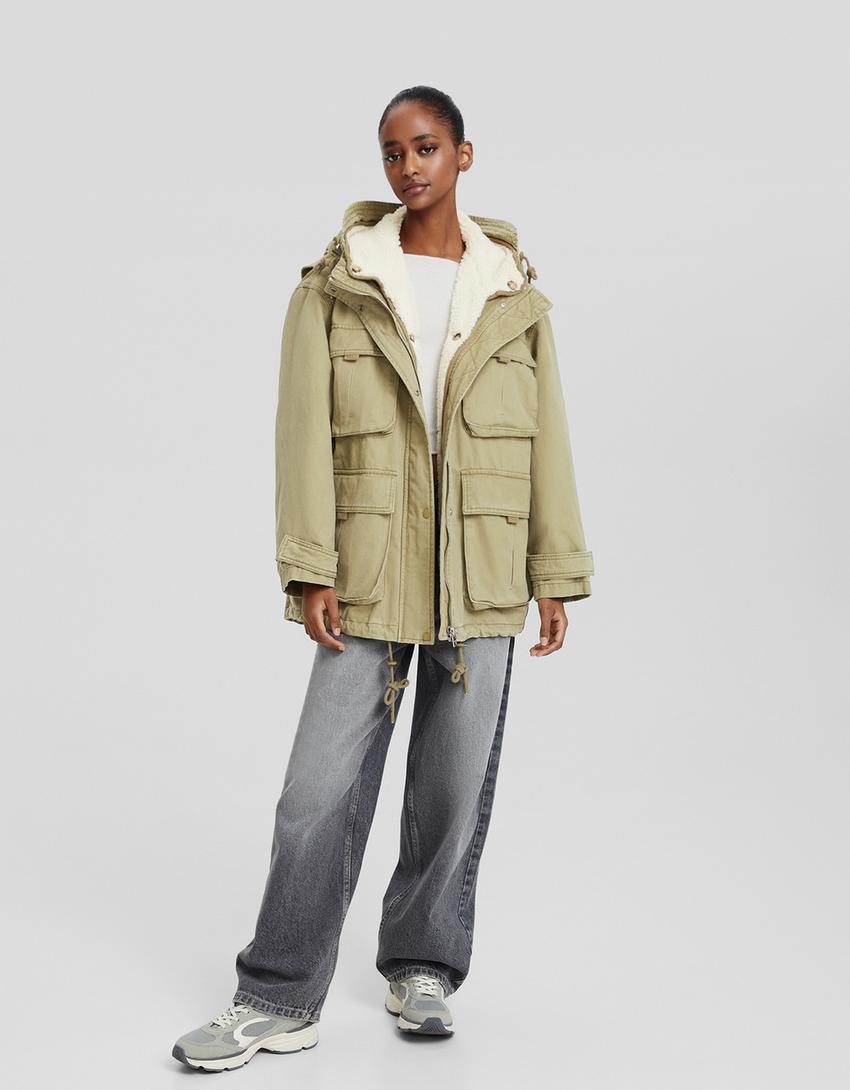 معطف باركا قطني طويل ببطانة من فرو الغنم الاصطناعي-كاكي-3