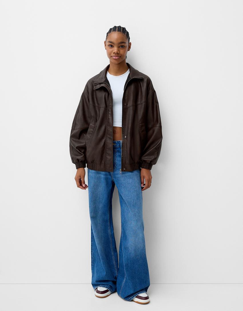 Giubbotto oversize in finta pelle-Marrone-3