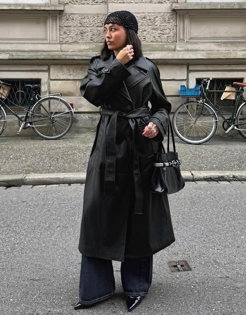 Faux leather trench coat-Black