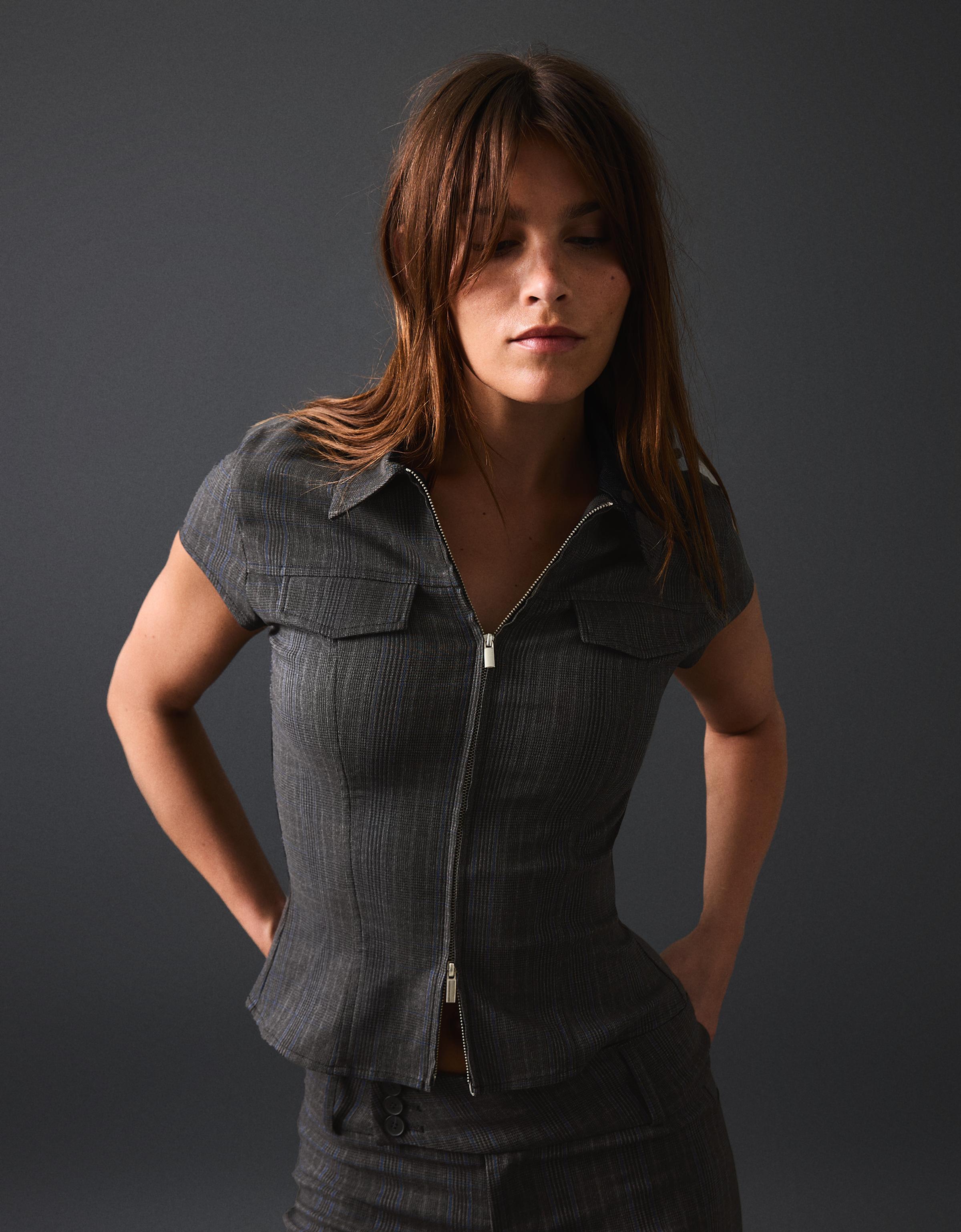 Bershka Camisa Manga Corta Cremallera Mujer L Gris Oscuro