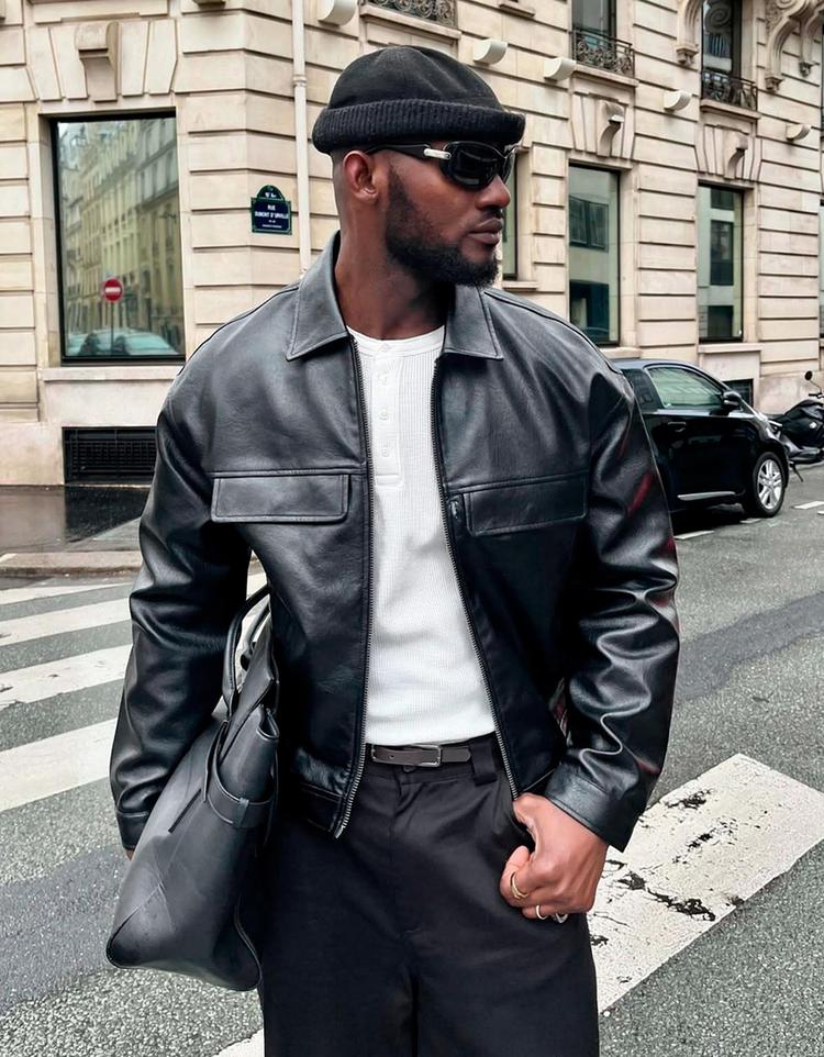 Boxy leather effect jacket — Black