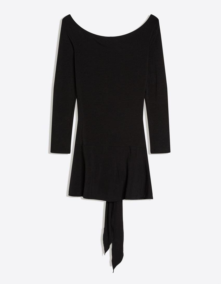 Fırfırlı asimetrik mini elbise-Siyah