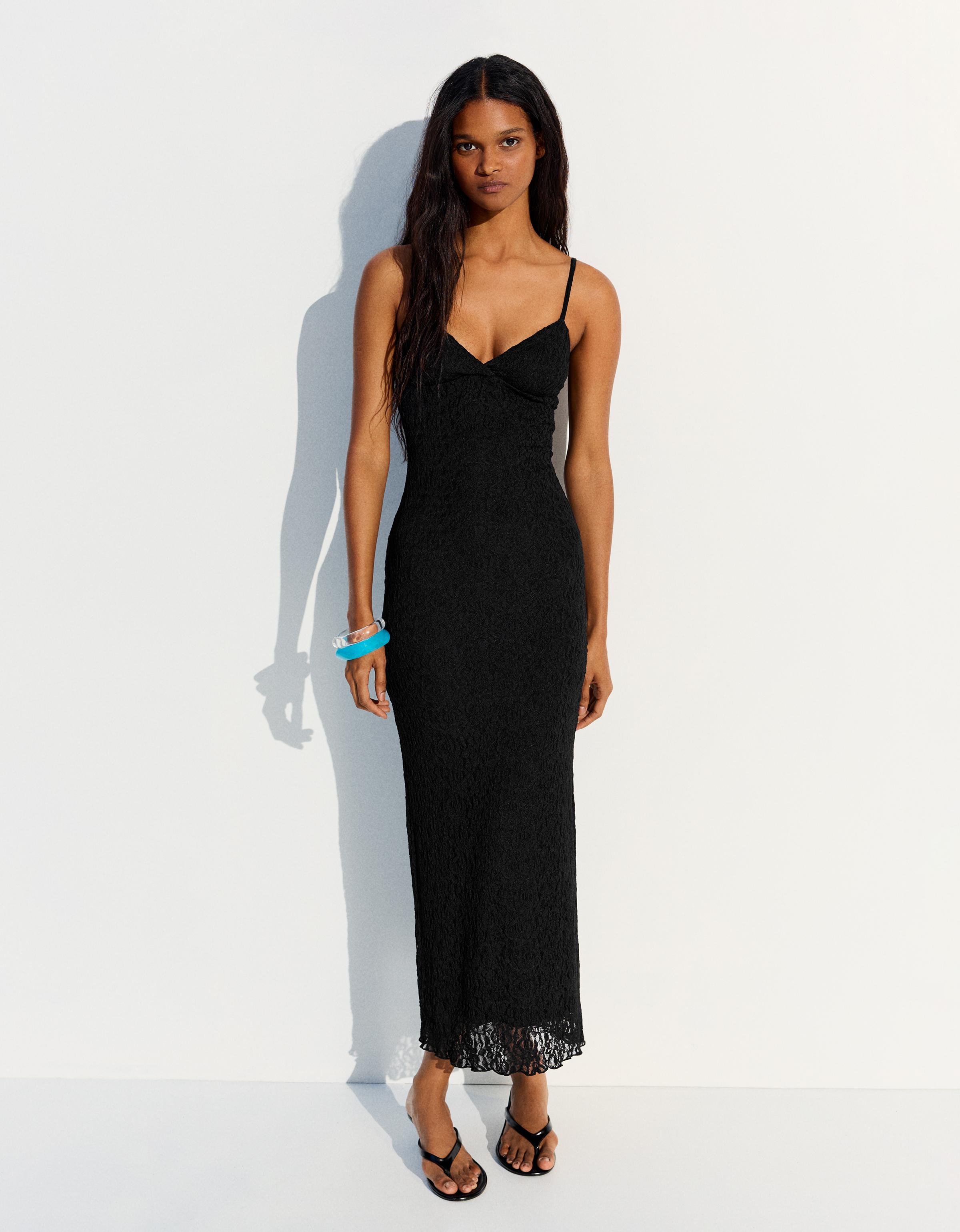 Bershka Vestido Midi Tirantes Encaje Mujer Negro