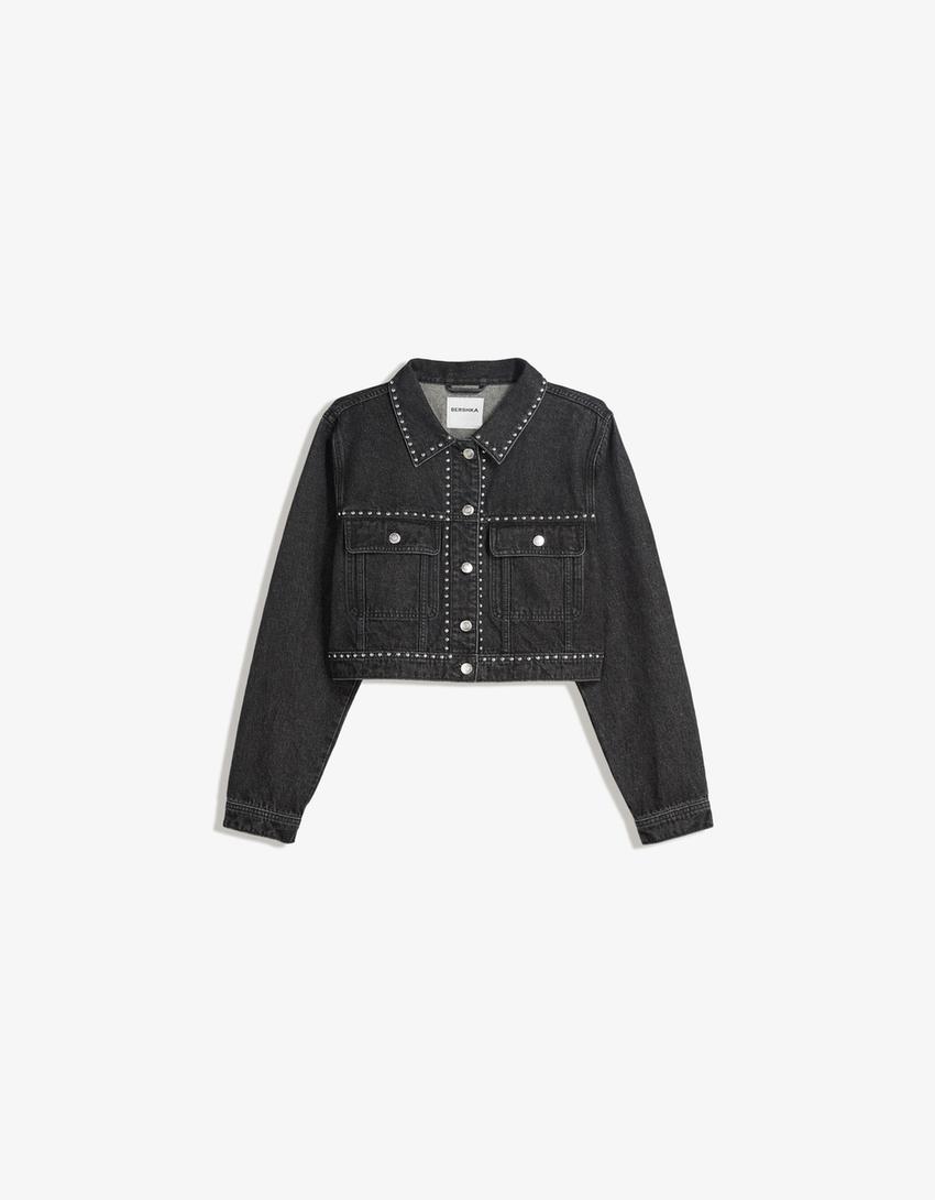Cropped denim jacket with studs-Black-3