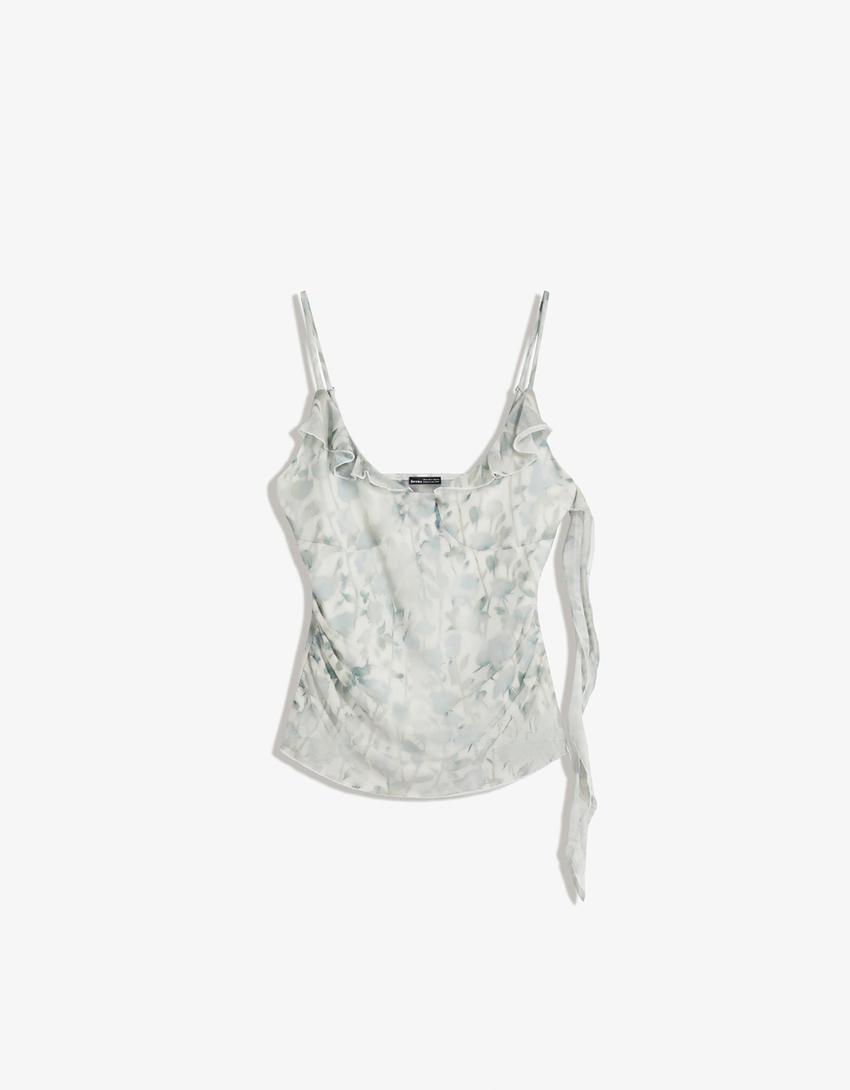 Top con volant in tulle stampato-Multicolore