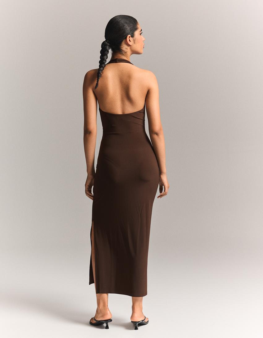 Robe midi encolure américaine-Marron