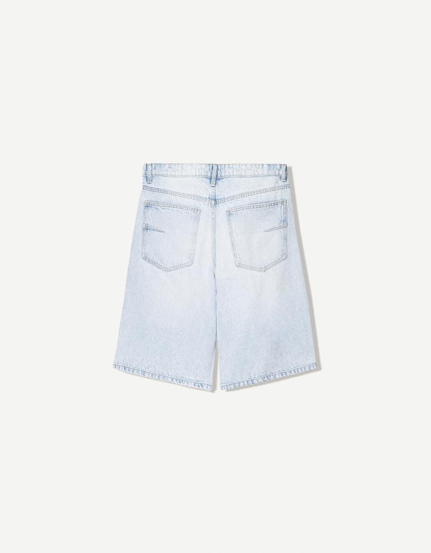 Baggy denim Bermuda shorts-Light blue-1