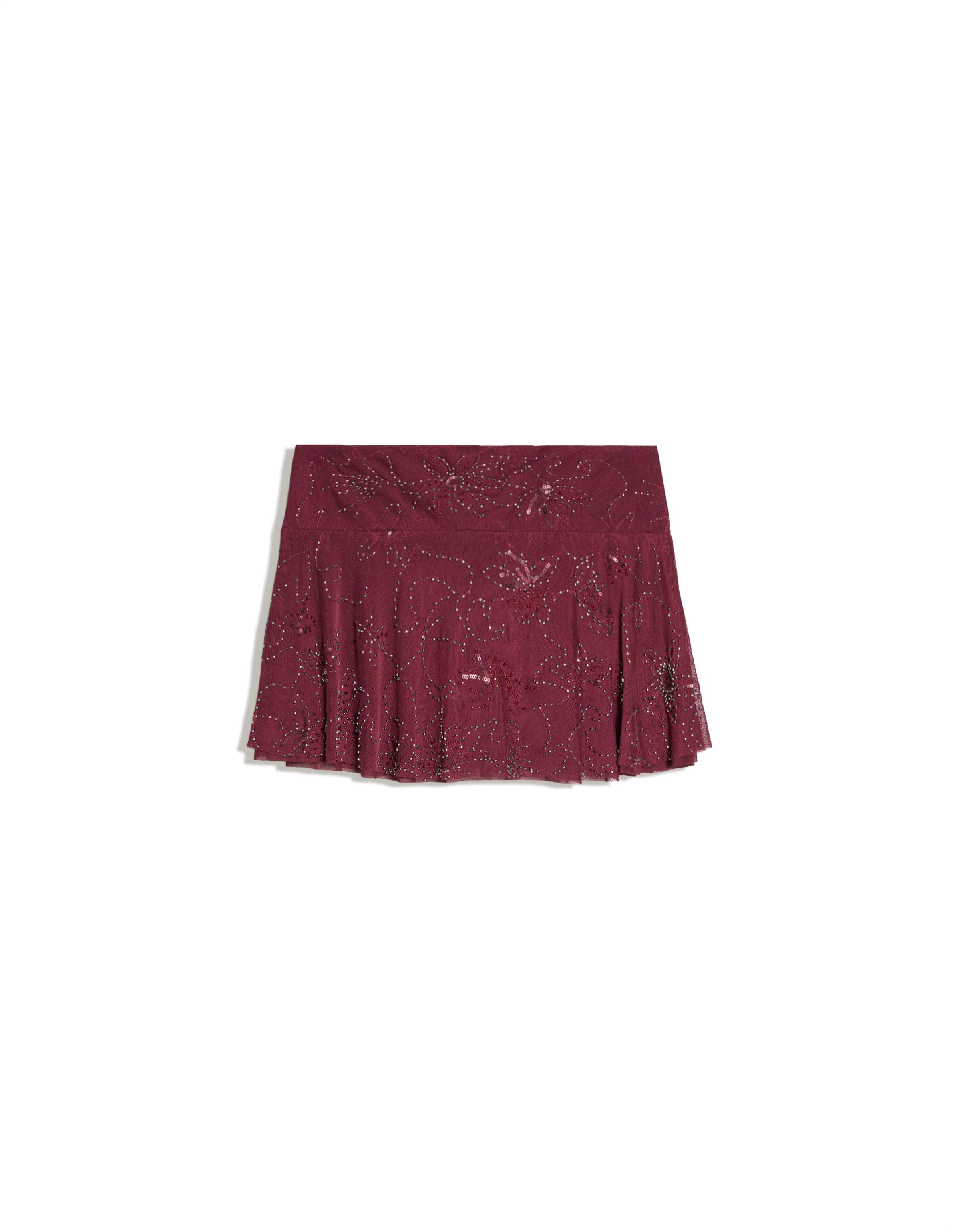 Embroidered ruffle mini skirt — Burgundy